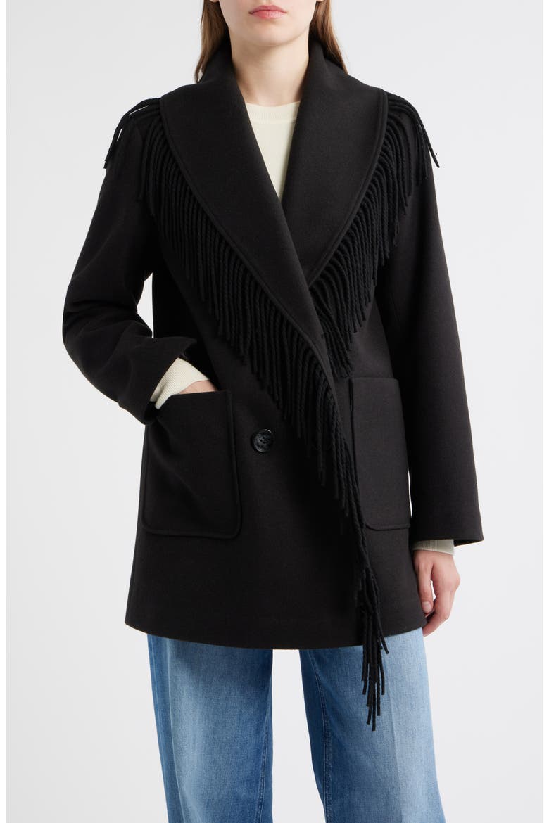Fringe Shawl Collar Coat, Main, color, BLACK