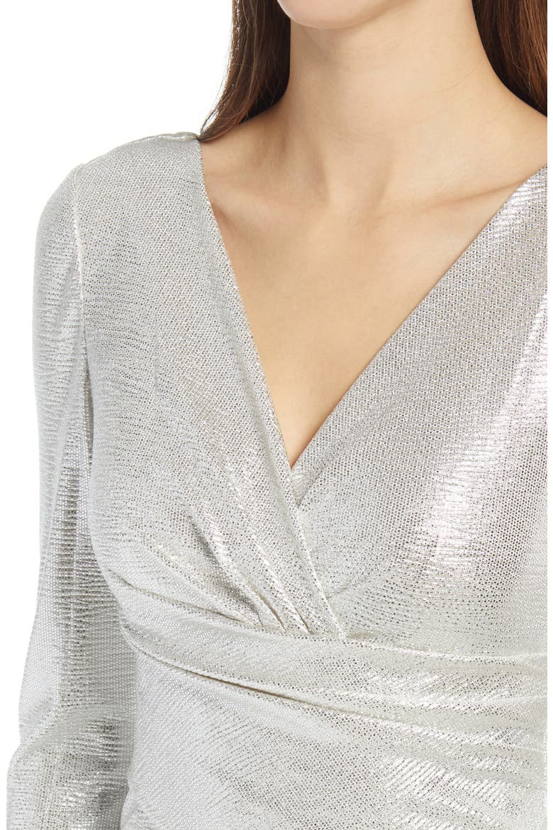 Metallic Long Sleeve Faux Wrap Gown, Alternate, color, METALLIC SILVER
