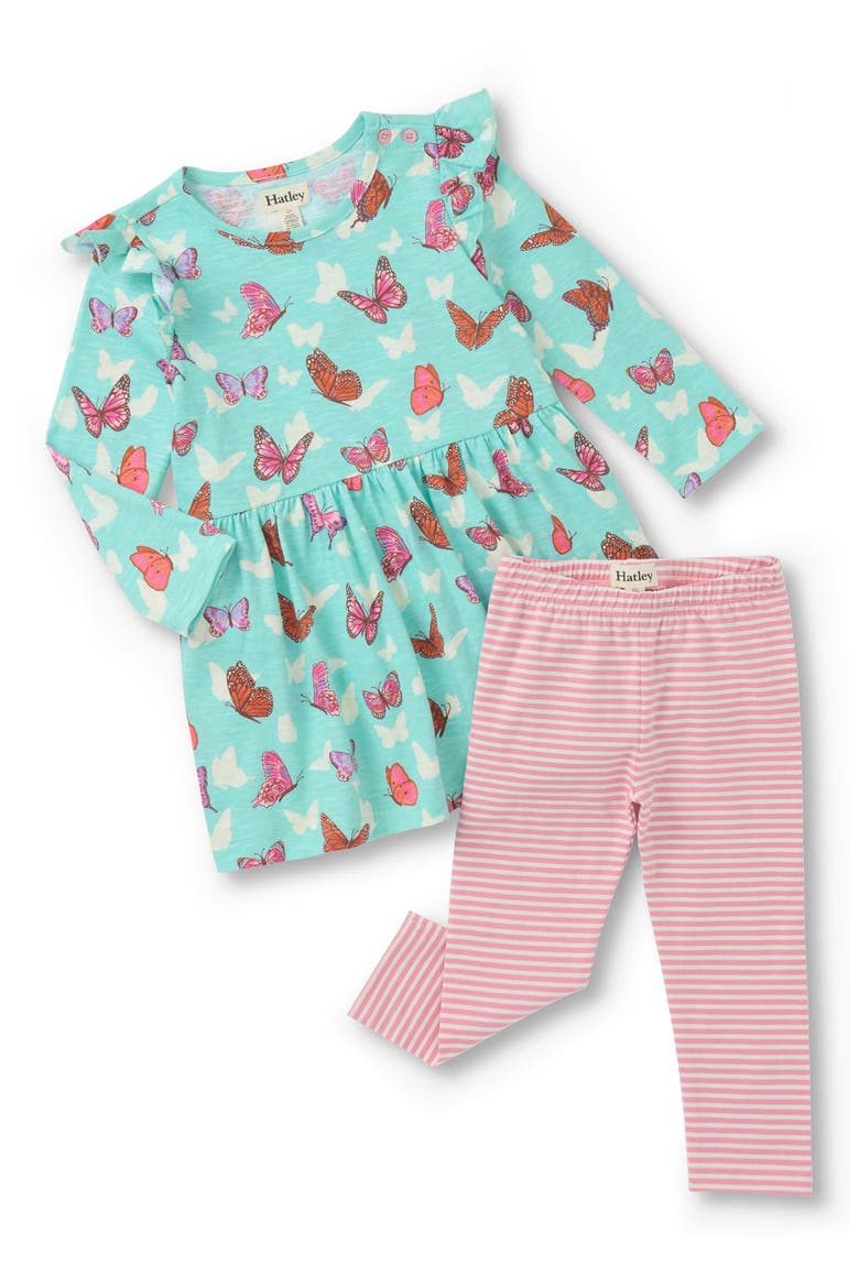 Butterfly Print Ruffle Dress & Leggings Set, Main, color, GREEN