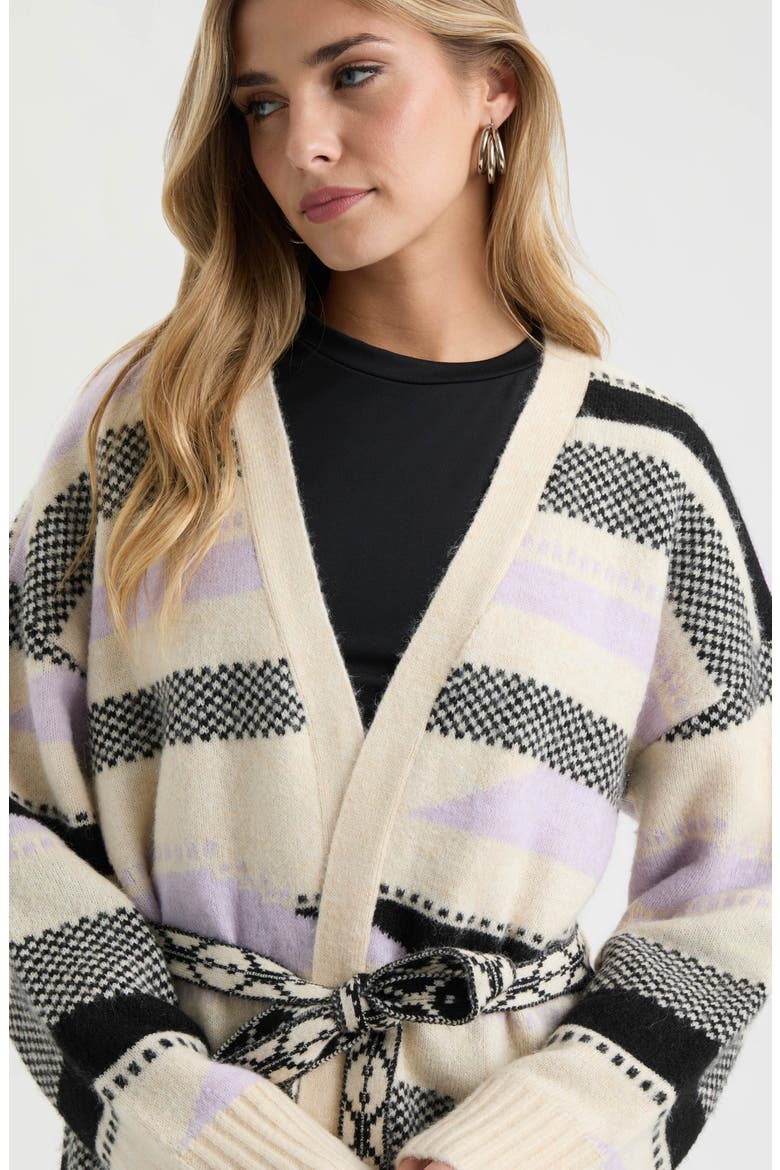 Stripe Tie Waist Jacquard Cardigan, Alternate, color, LILAC AZTEC