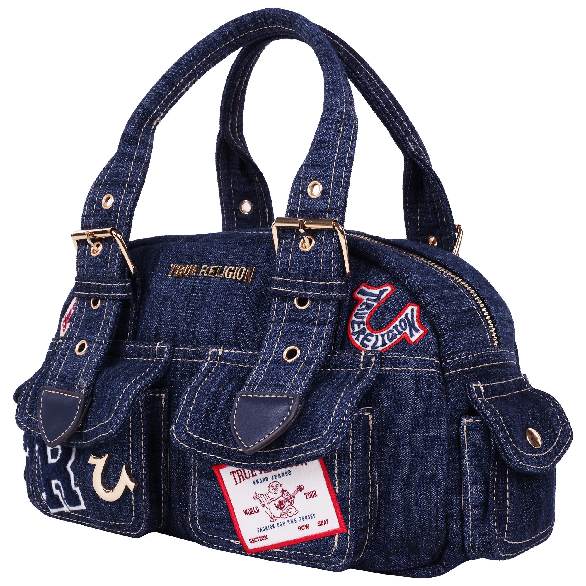 True Religion Multi-Patch Satchel, Alternate, color, Dark Denim
