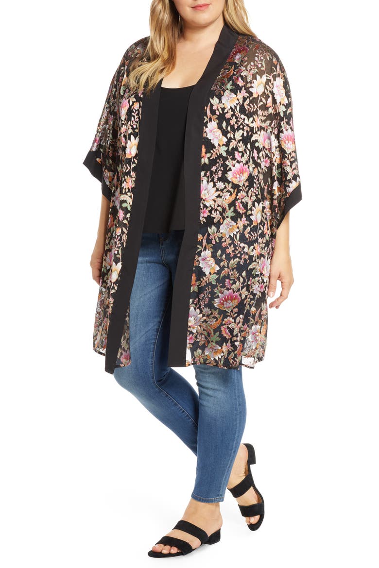 Daniel Rainn Floral Satin Burnout Open Front Topper, Main, color, BLACK
