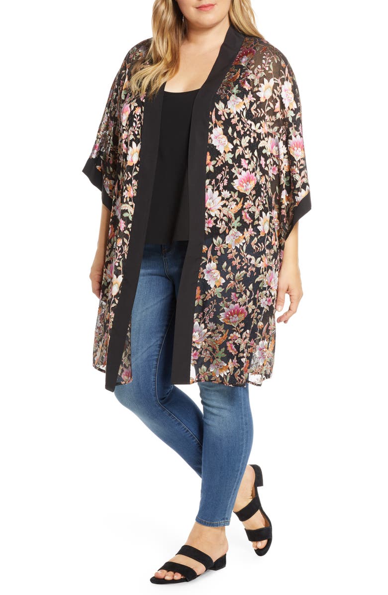 DR2 by Daniel Rainn Daniel Rainn Floral Satin Burnout Open Front Topper, Main, color,