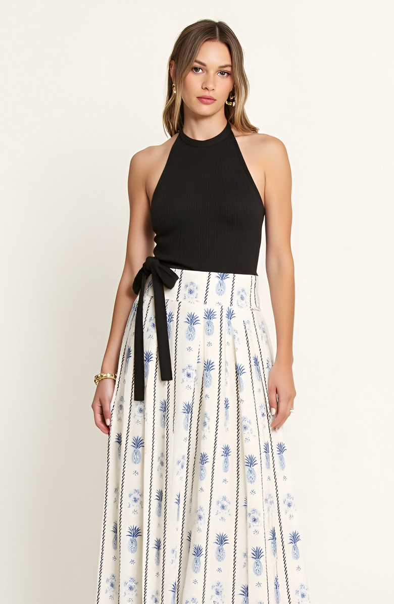 Modenaire Halter Rib-Knit Printed Pleated Side-Tie Maxi Dress, Alternate, color, 