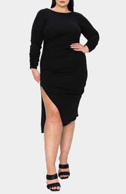 L I V D Bianca Open Back Side Slit Long Sleeve Stretch Dress
