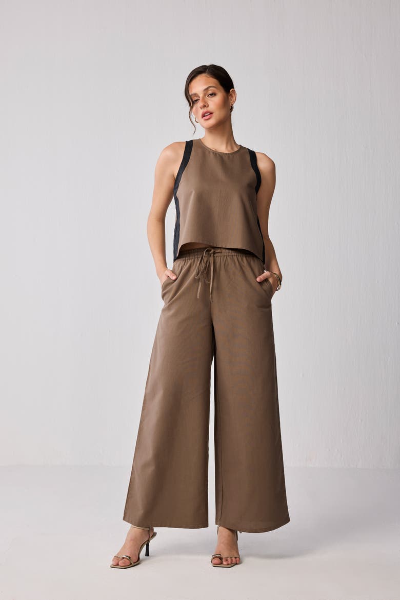 Matching Set with Wide-Leg Pants and Colorblock Top, Alternate, color, Brown