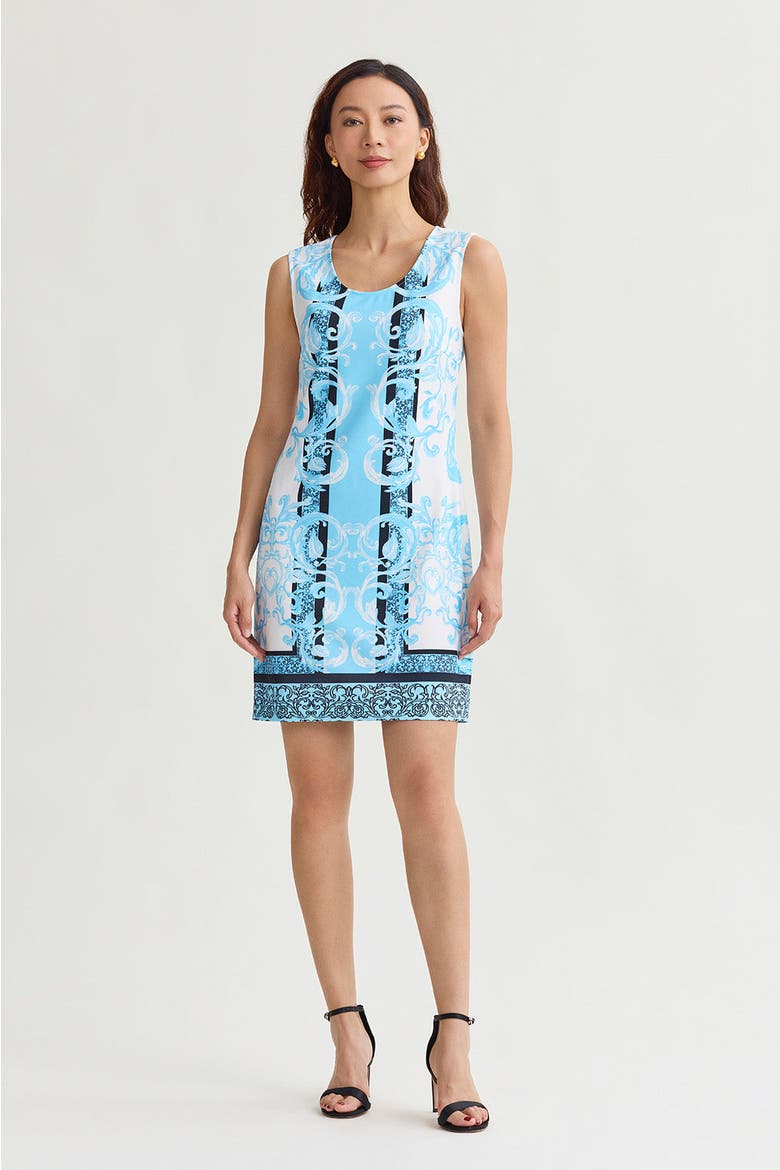Filigree Printed Lined Stretch Deco Crepe Sheath Dress, Main, color, Serene/White/Black