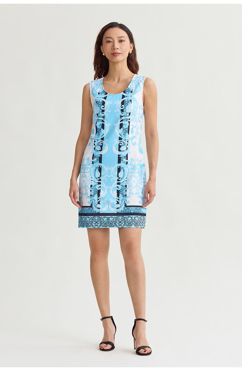 Ming Wang Filigree Printed Lined Stretch Deco Crepe Sheath Dress, Main, color, Serene/White/Black