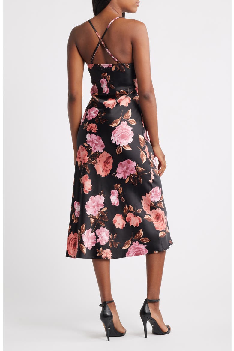 Floral Sprint Sleevless Satin Cocktail Dress, Alternate, color, BLACK / PINK