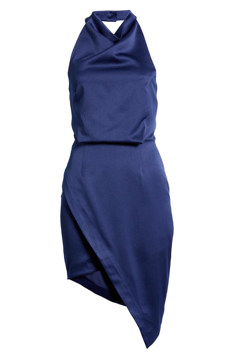 Elliatt Camo Asymmetric Satin Cocktail Dress, Alternate, color, Navy