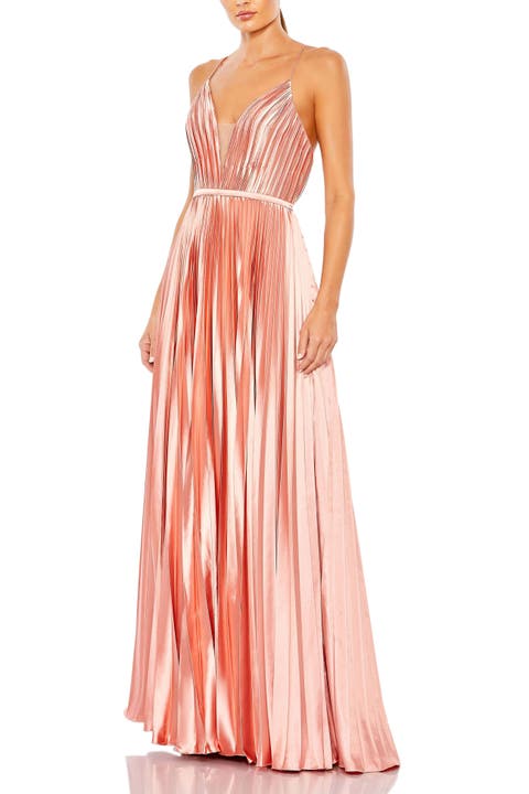Plunge Neck Pleated Evening Gown