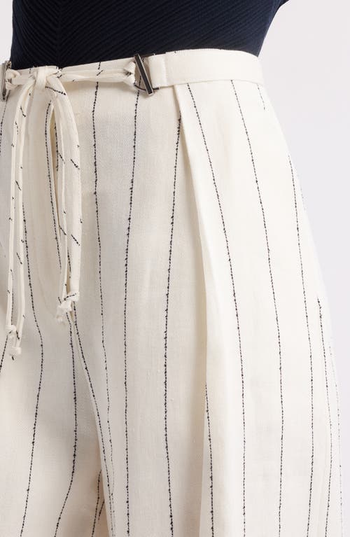 Hugo Boss Boss Tiana Tie Waist Pinstripe Linen Blend Pants In Ivory/navy Pinstripe