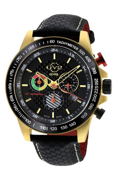 Men's GV2 Scuderia White Dial Black Leather Chronograph Date Watch, 45mm