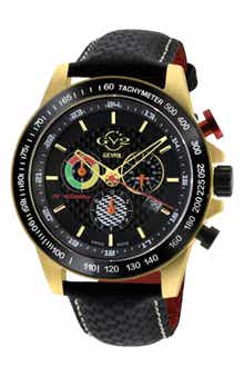 GEVRIL Men's GV2 Scuderia White Dial Black Leather Chronograph Date Watch, 45mm