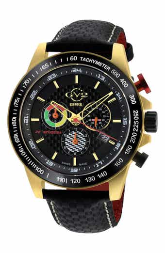 GEVRIL Men's GV2 Scuderia White Dial Black Leather Chronograph Date Watch, 45mm