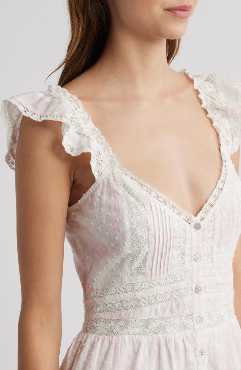 LoveShackFancy Rietta Lace Inset Cotton Button-Up Minidress, Alternate, color, Powder Pink