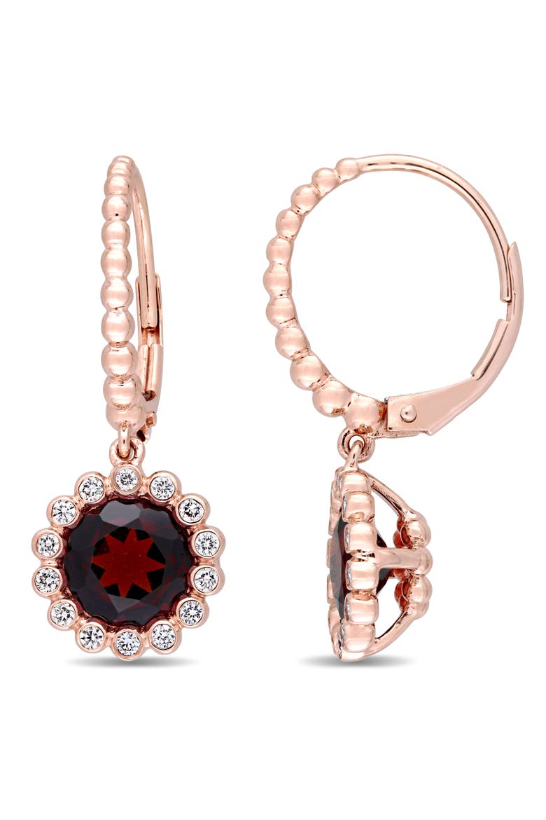 Garnet & Diamond Halo Scalloped Earrings 14k, Main, color, Garnet