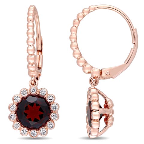 Garnet & Diamond Halo Scalloped Earrings 14k