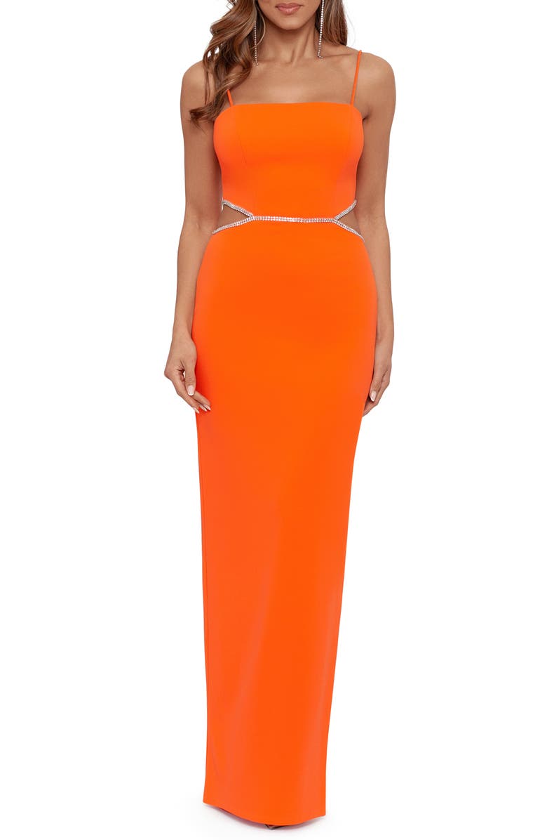 Xscape Evenings Xscape Side Cutout Scuba Crepe Gown, Main, color, Orange