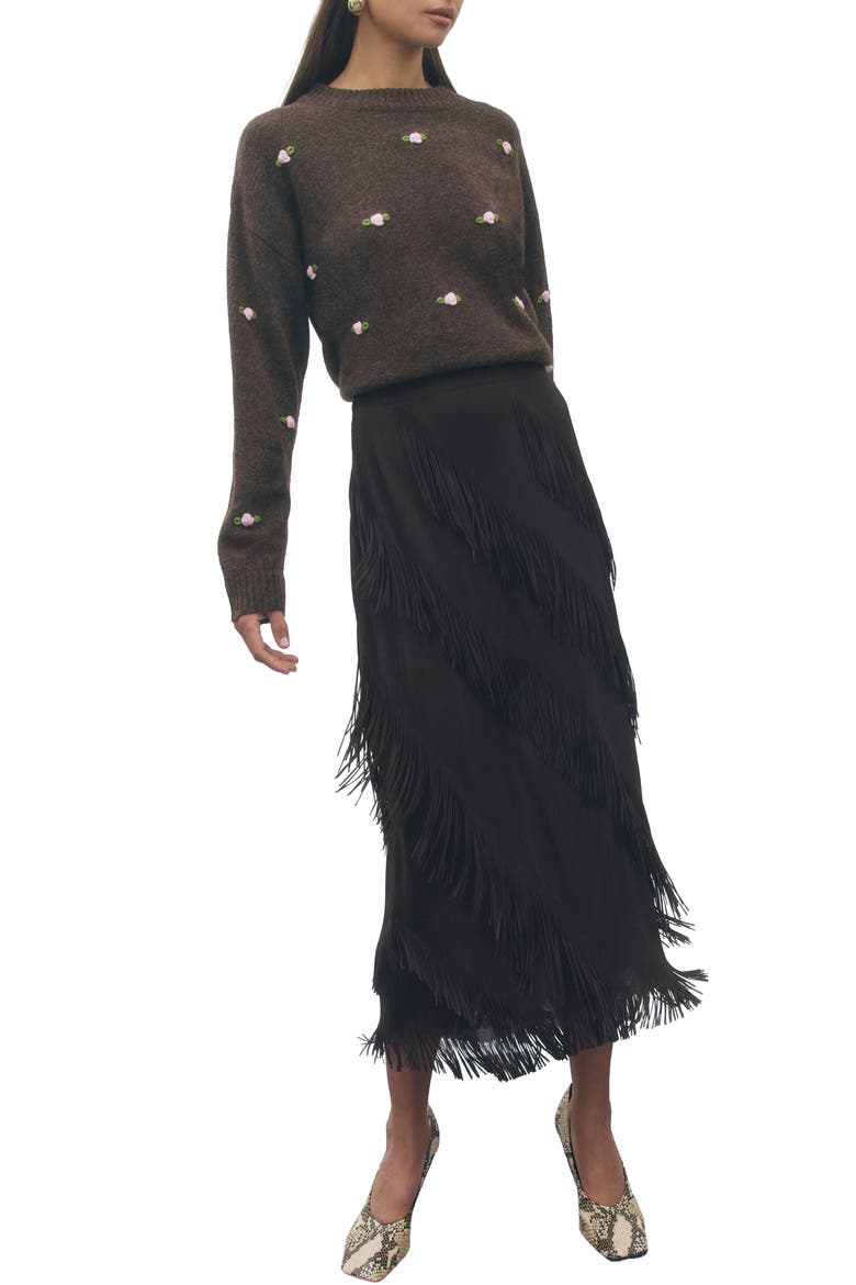 Kellie Fringed Midi Skirt, Alternate, color, BROWN