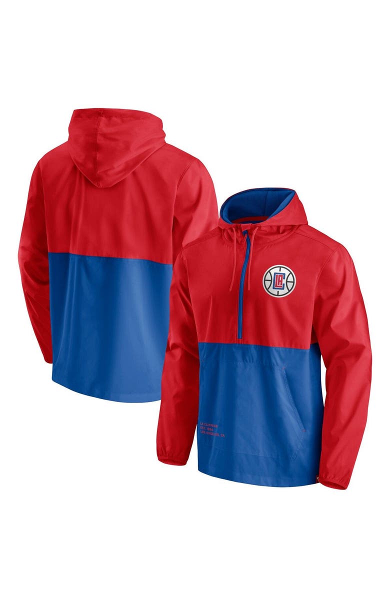 FANATICS Men's Fanatics Branded Royal/Red LA Clippers Anorak Block Party Windbreaker Half-Zip Hoodie Jacket, Main, color, Royal