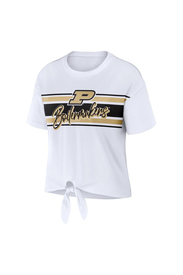 Women's WEAR by Erin Andrews White Purdue Boilermakers Striped Front Knot Cropped T-Shirt, Alternate, color, White