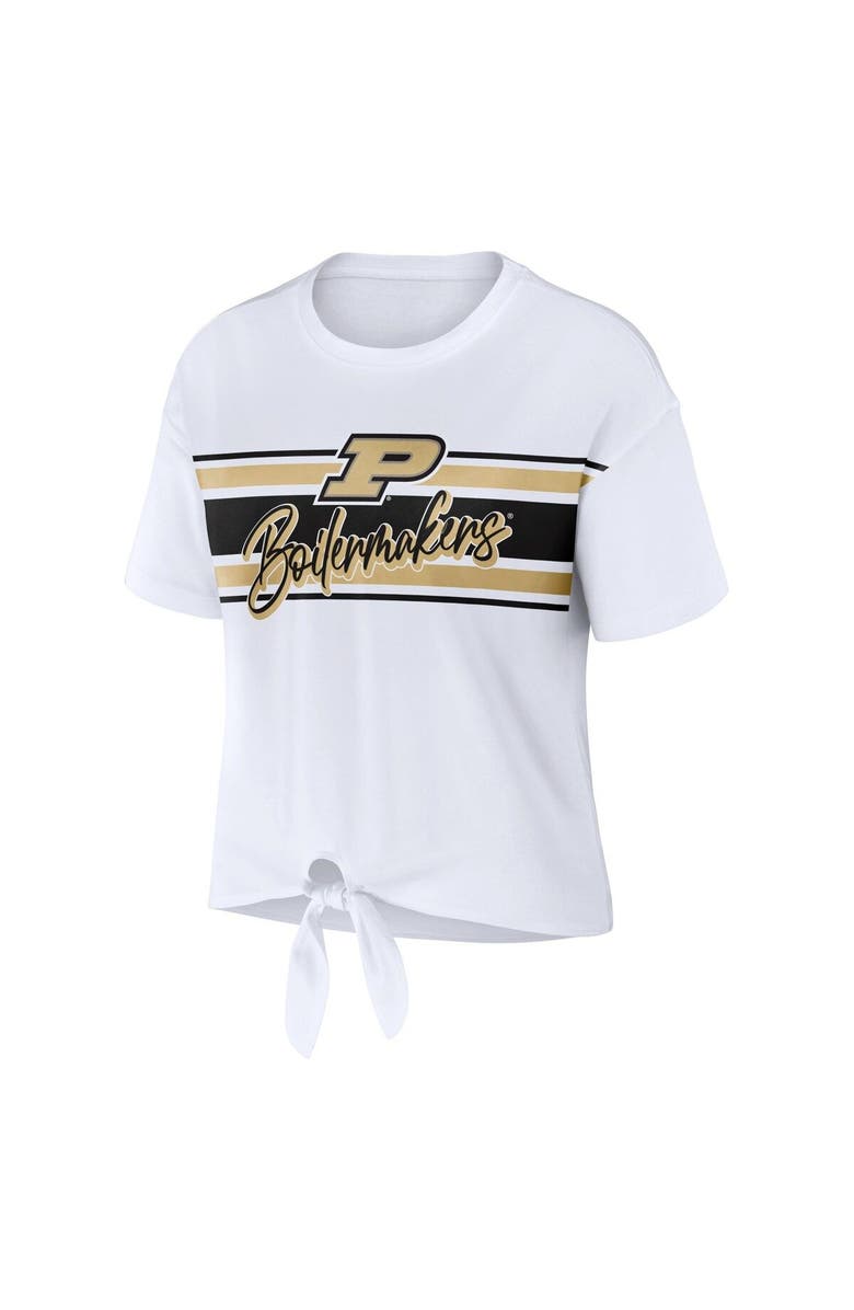 WEAR by Erin Andrews Women's WEAR by Erin Andrews White Purdue Boilermakers Striped Front Knot Cropped T-Shirt, Alternate, color, White