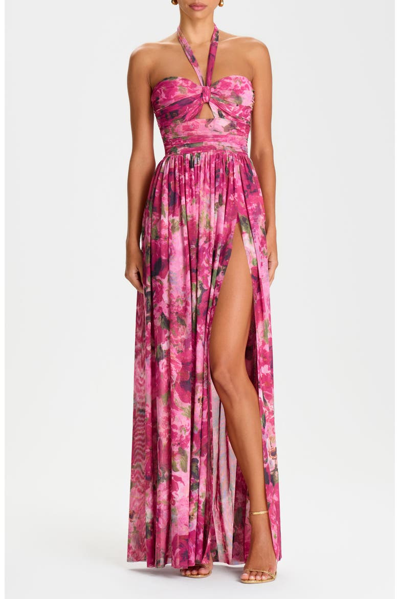 Floral Print Ruched Halter Gown, Main, color, PINK