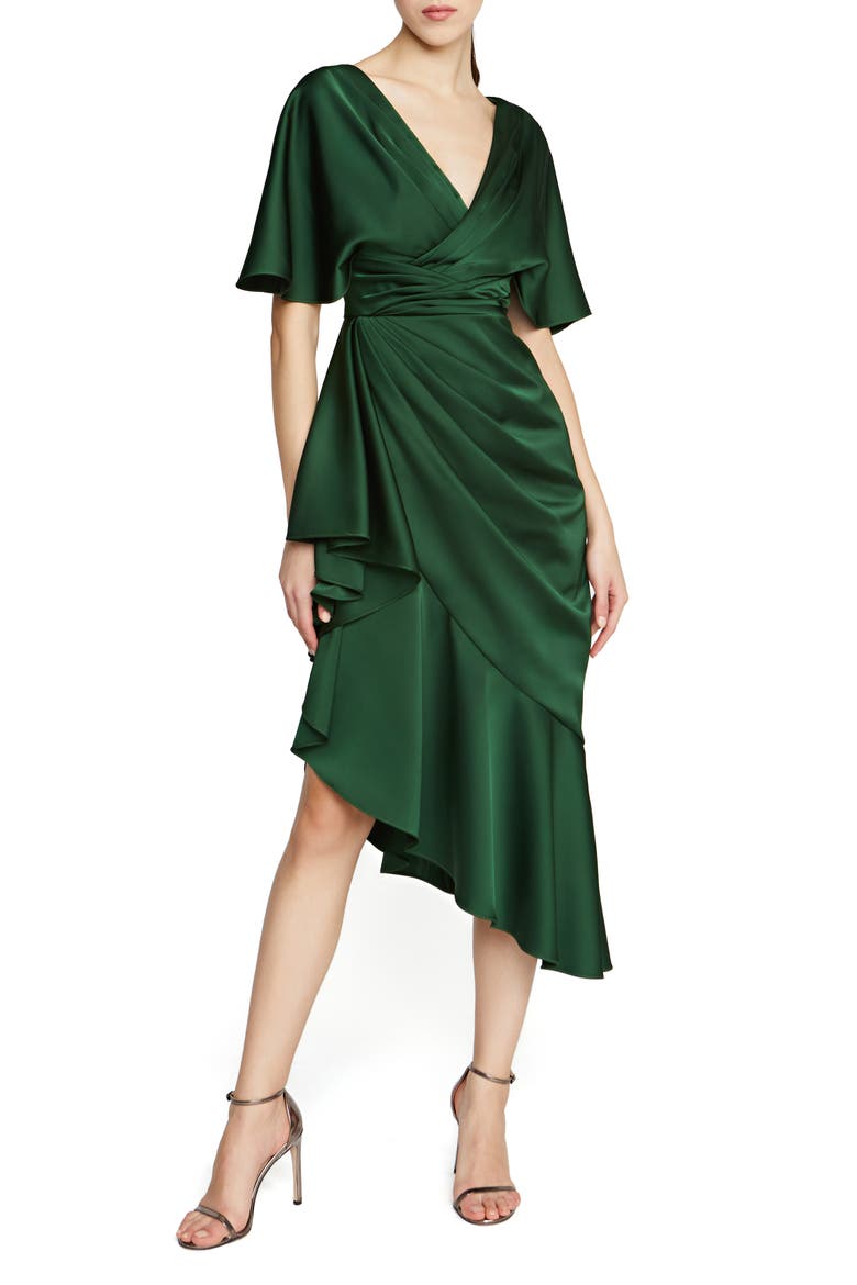 Gwen Ruffle Asymmetric Hem Elbow Sleeve Satin Faux Wrap Dress, Main, color, THORN