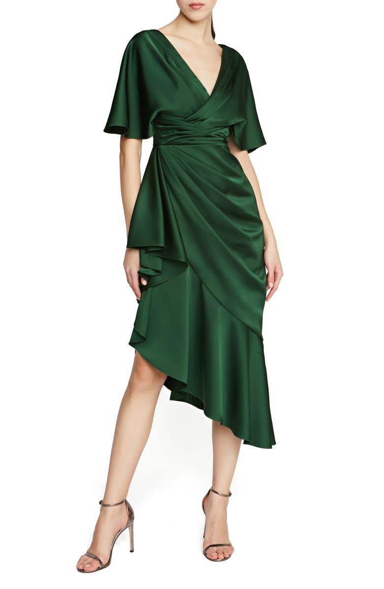 Theia Gwen Ruffle Asymmetric Hem Elbow Sleeve Satin Faux Wrap Dress, Main, color,