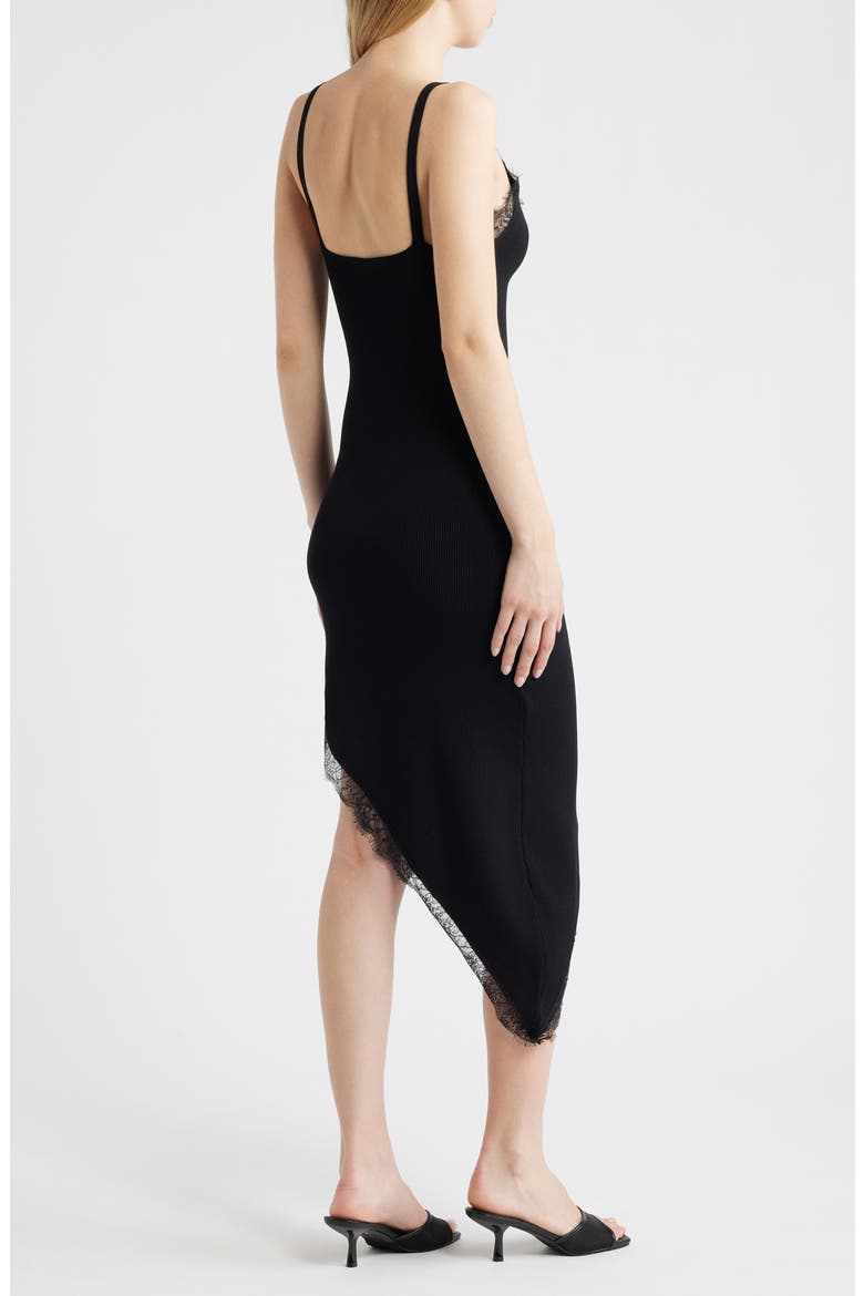 Asymmetric Lace Trim Rib Sweater Dress, Alternate, color, BLACK