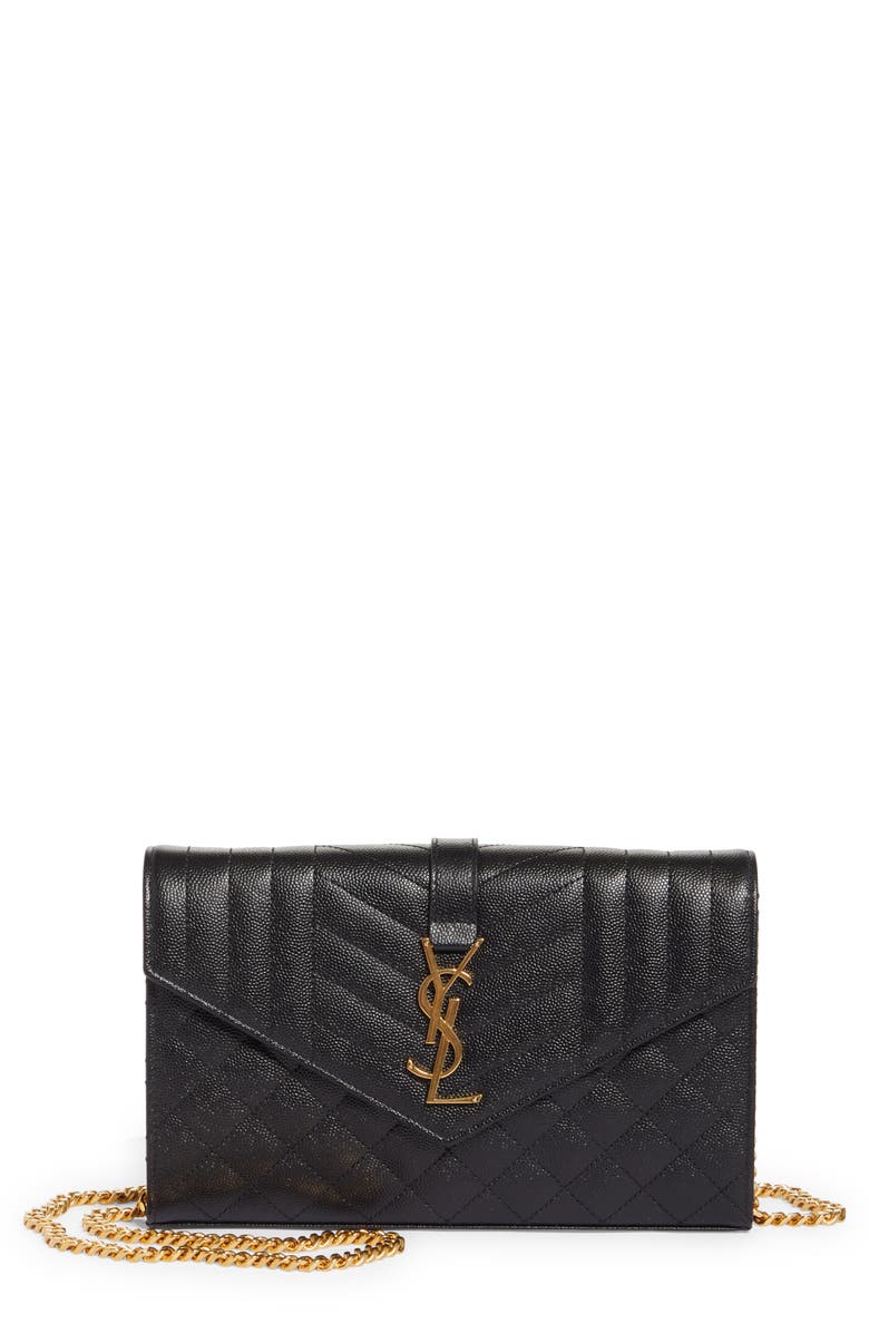 Saint Laurent Envelope Quilted Pebbled Leather Wallet on a Chain, Main, color,