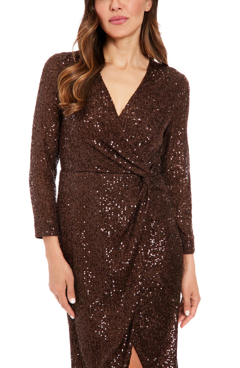 London Times Sequin Surplice V-Neck Wrap Dress, Alternate, color, Chocolate