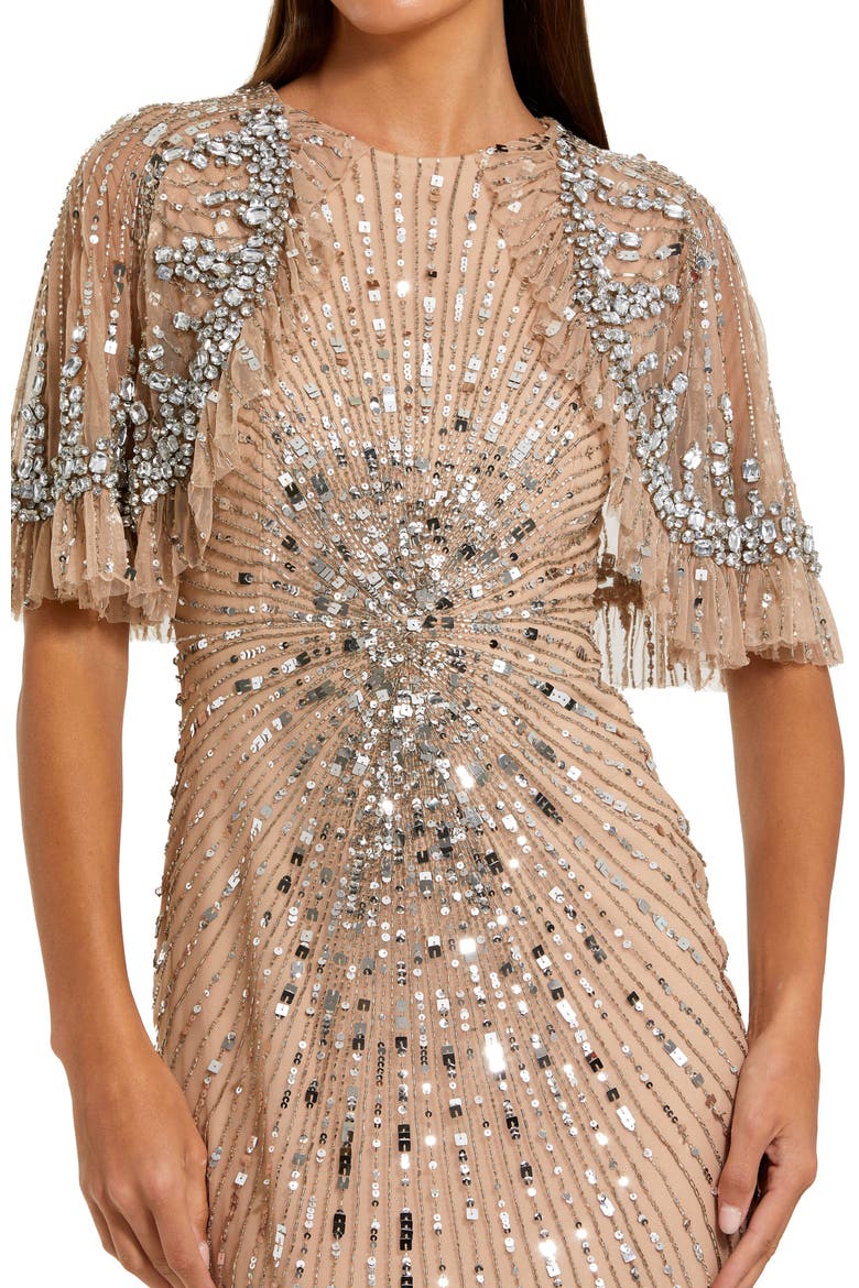 Beaded Mesh Fitted Capelet Gown, Alternate, color, Nude Silver