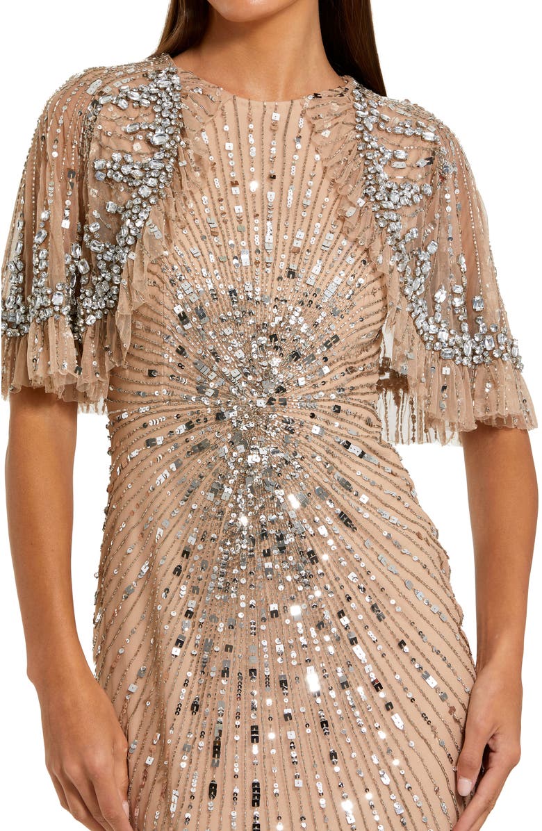 Mac Duggal Beaded Mesh Fitted Capelet Gown, Alternate, color, Nude Silver
