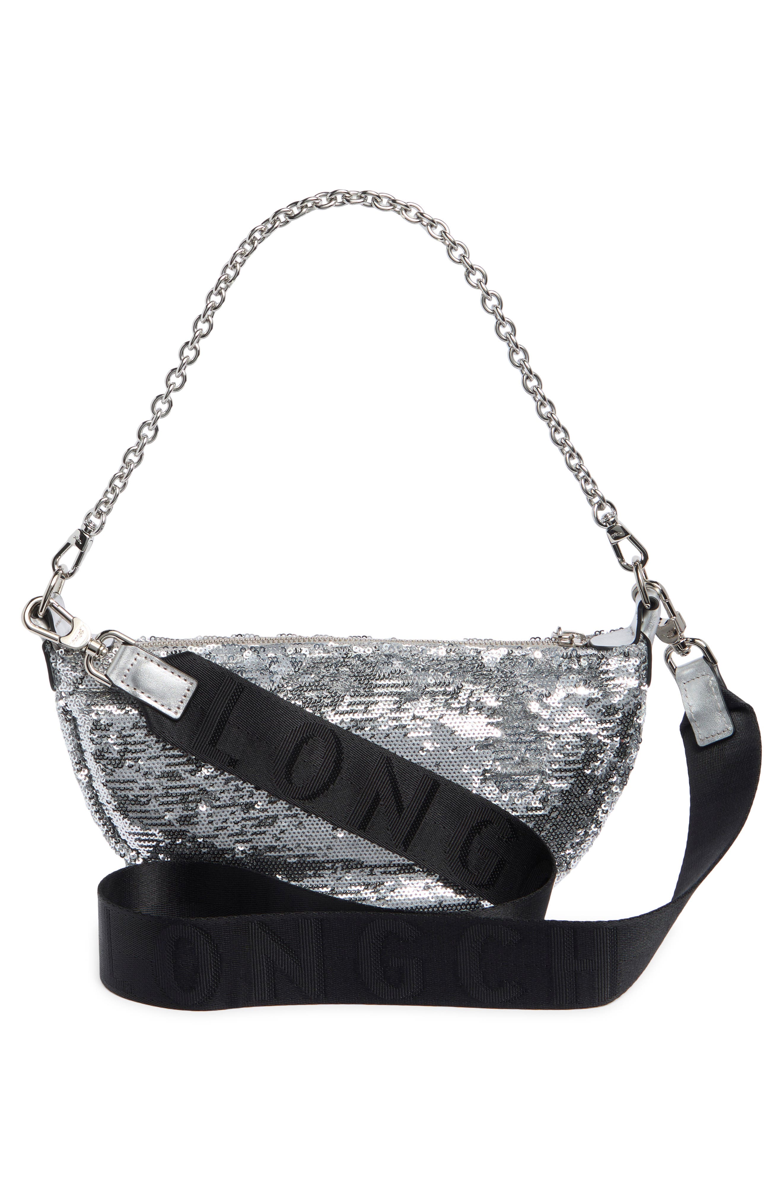 Longchamp Smile Glitter Sequin Half Moon Convertible Crossbody Bag, Alternate, color, Silver