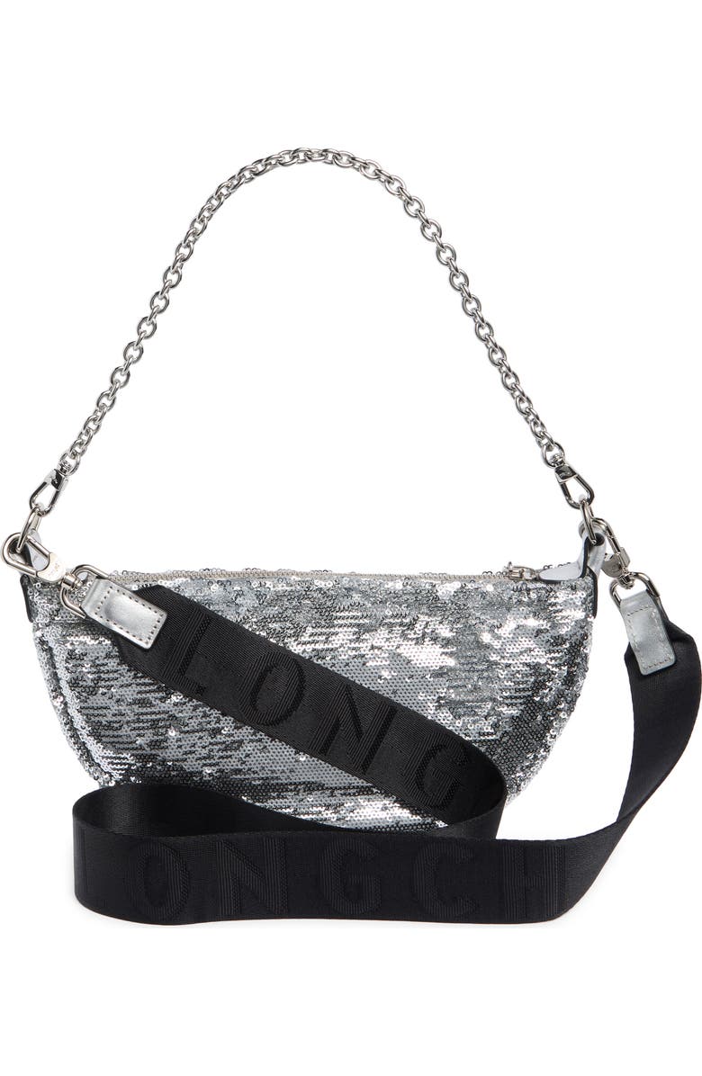 Longchamp Smile Glitter Sequin Half Moon Convertible Crossbody Bag, Alternate, color, Silver