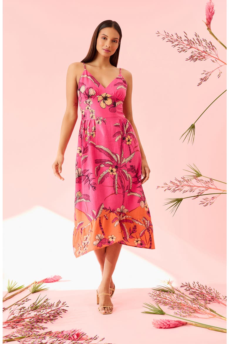 Floral Linen Blend Fit & Flare Midi Dress, Alternate, color, PINK POWER/ LIGHT RUST