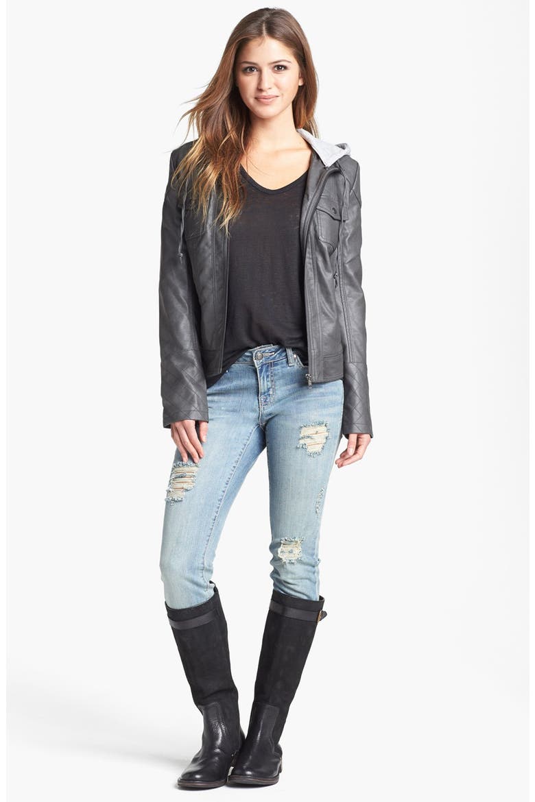 'Heathcliff' Hooded Faux Leather Jacket, Main, color, LIGHT GREY