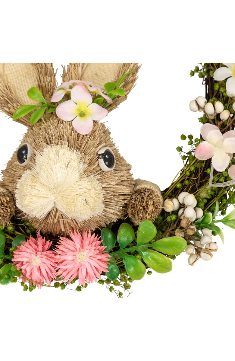 Northlight Floral Grapevine Small Artificial Wreath with Sisal Rabbit - 11" - Green and Pink, Alternate, color, Brown