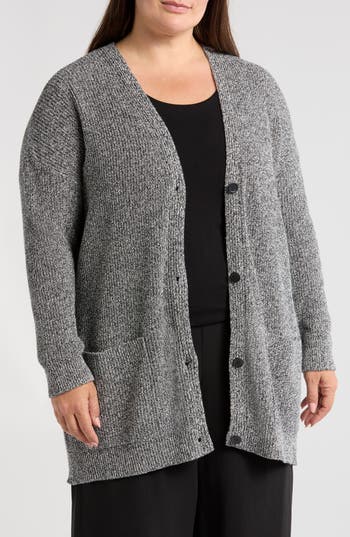 Eileen Fisher V-neck Cotton Blend Cardigan In Black/ivory