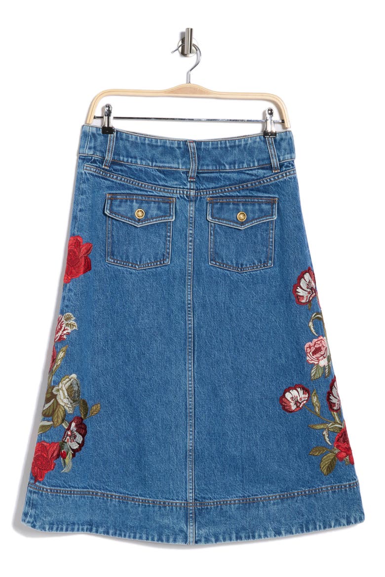 Dahlia Button Front Denim Midi Skirt, Alternate, color, BROOKLYN BLUE/ MULTI