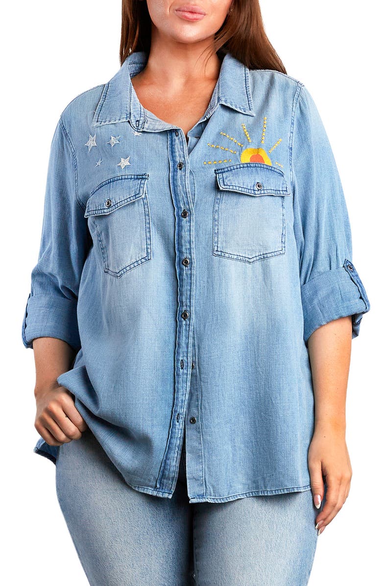 Billy T Hello Sunshine Embroidered Denim Button-Up Shirt, Main, color, 