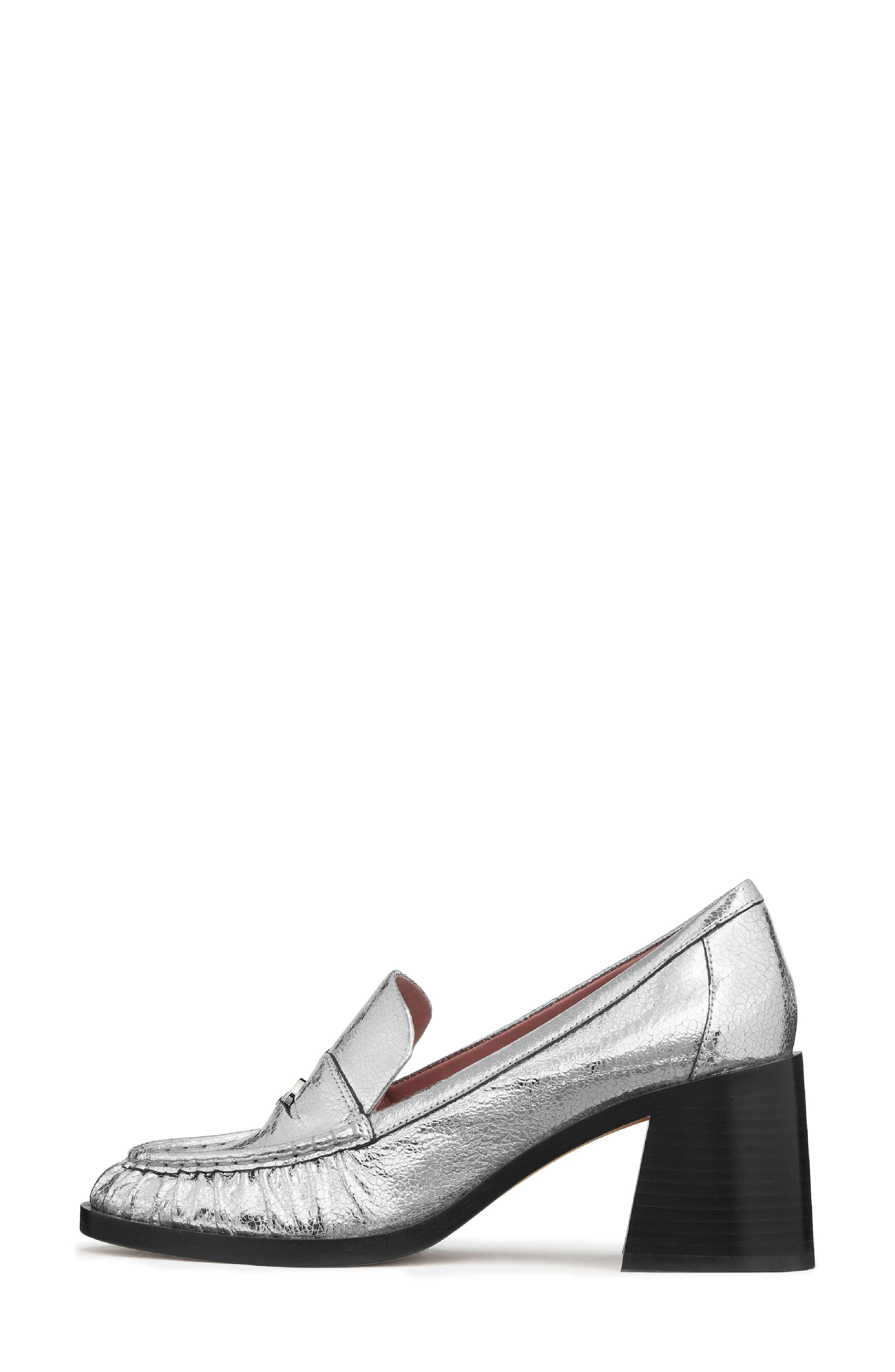 metallic leather penny loafer pump, Alternate, color, SILVER