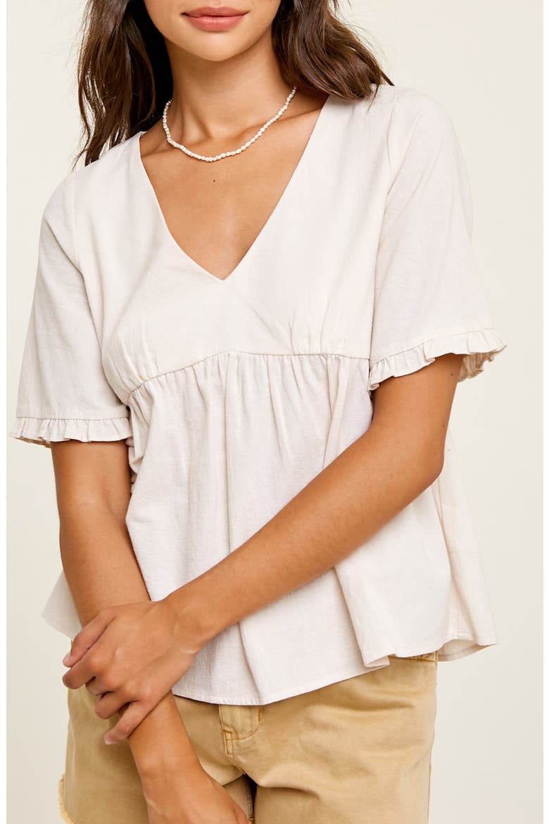 V-Neck Elbow-Length Sleeve Babydoll Top, Main, color, SAND