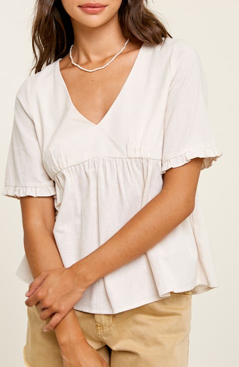 V-Neck Elbow-Length Sleeve Babydoll Top