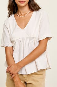 WISHLIST V-Neck Elbow-Length Sleeve Babydoll Top