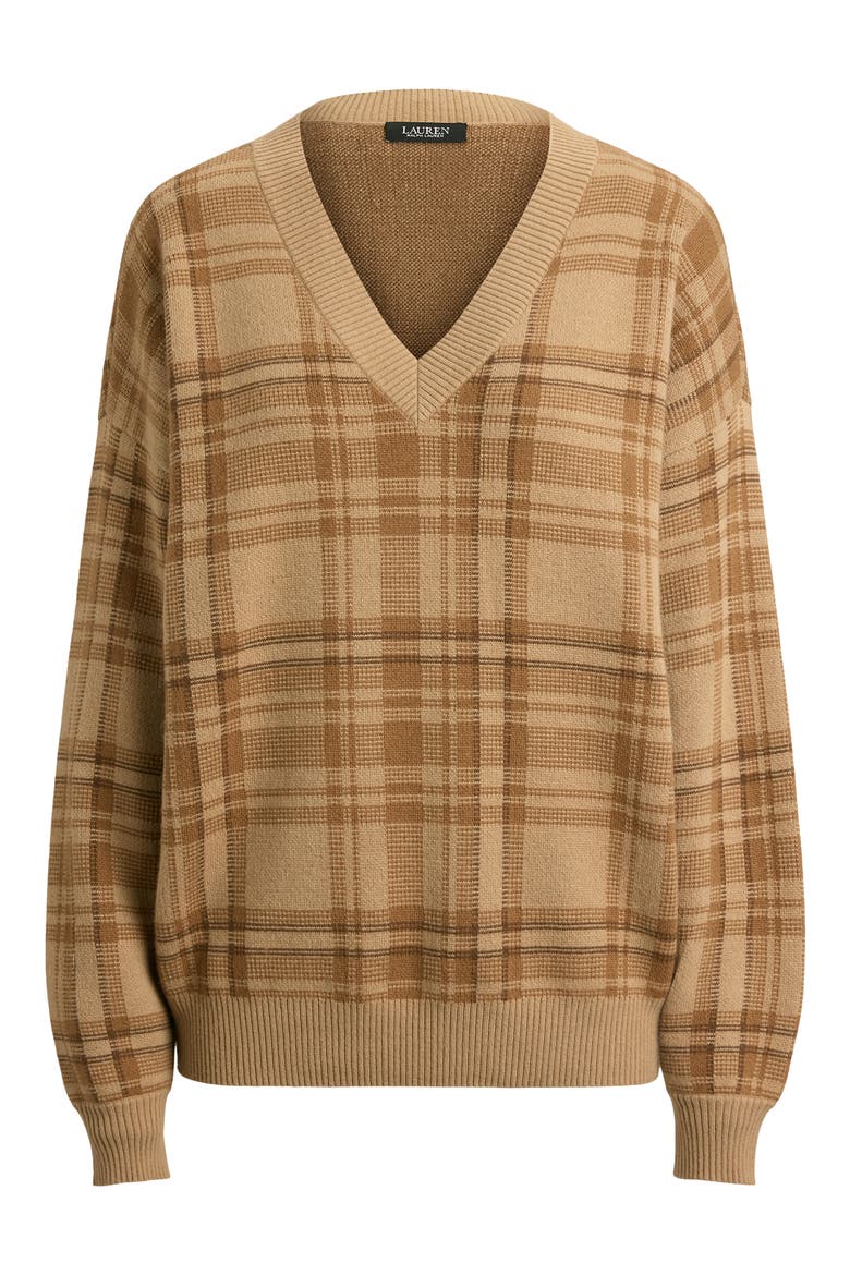 Plaid V-Neck Sweater, Alternate, color, CAMEL BEIGE