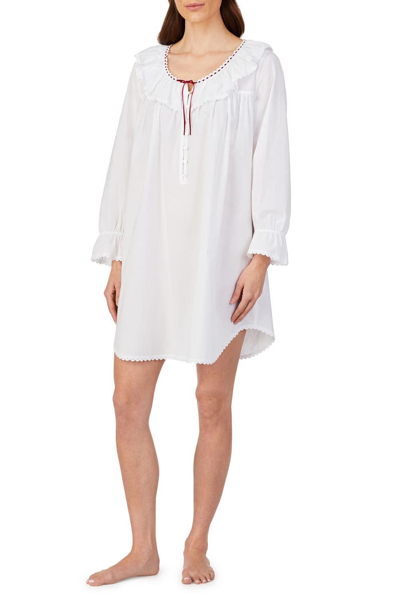 Long Sleeve Short Cotton Nightgown, Alternate, color, WHITE