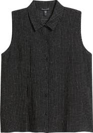 Eileen Fisher Grid Sleeveless Organic Linen Button-Up Shirt